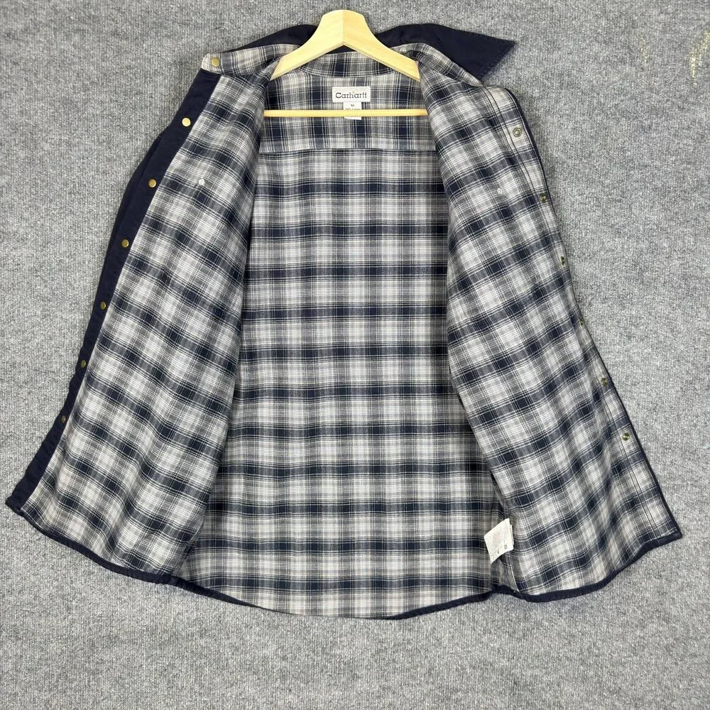 Carhartt Shirt Jacket Men's M Blue Canvas Flannel Lined Snap Front Utility Chore